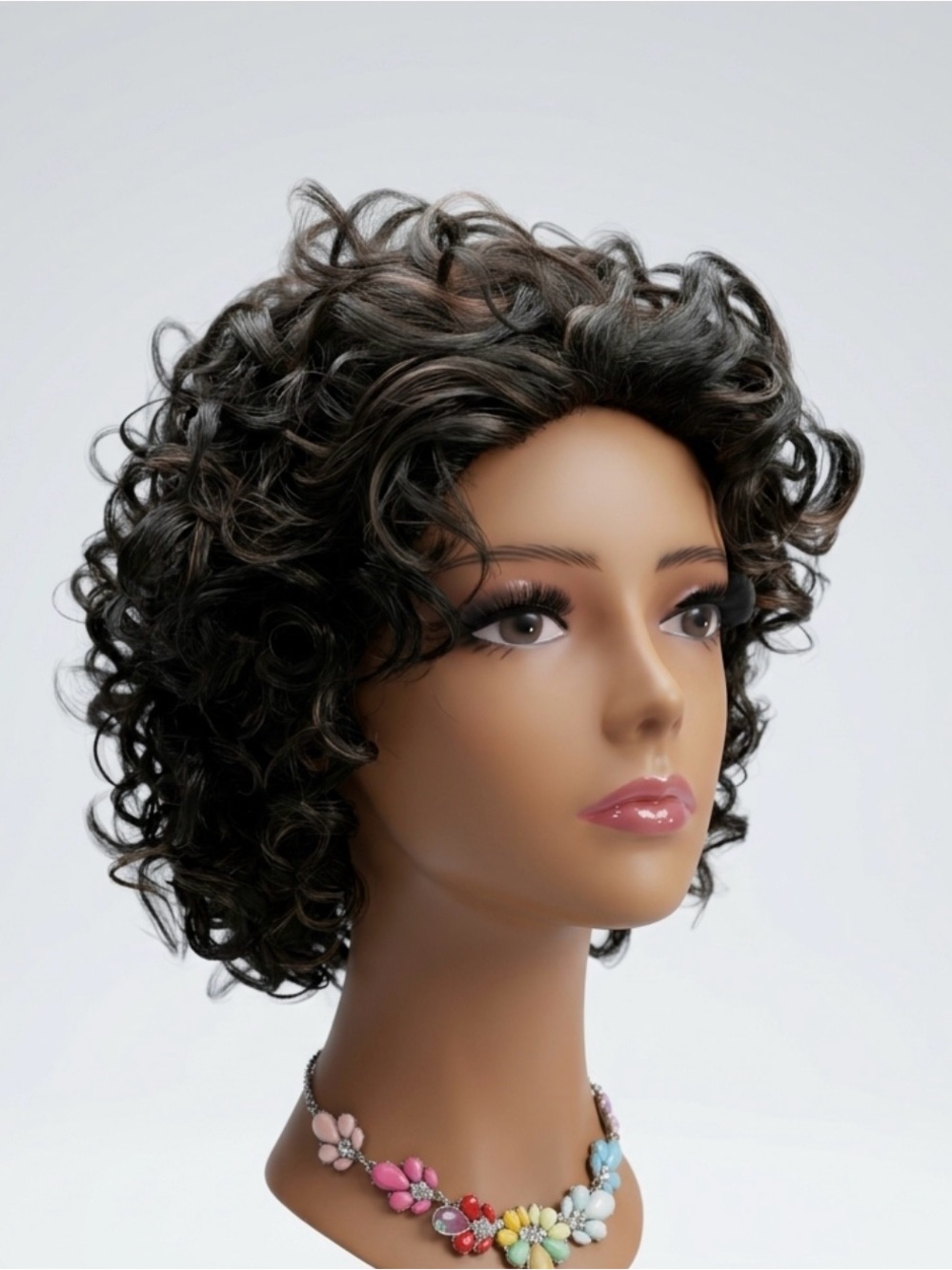 Women’s Short Curly blended fiber Wig - Dark Brown w/highlights